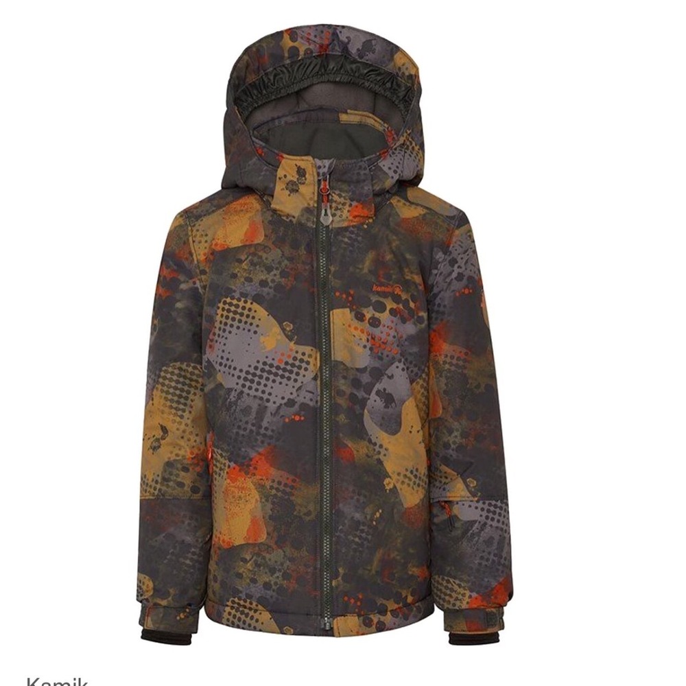 Kamik Boys Abstract Splatter Print Hooded Winter Ski Jacket Size 6 Grey Orange